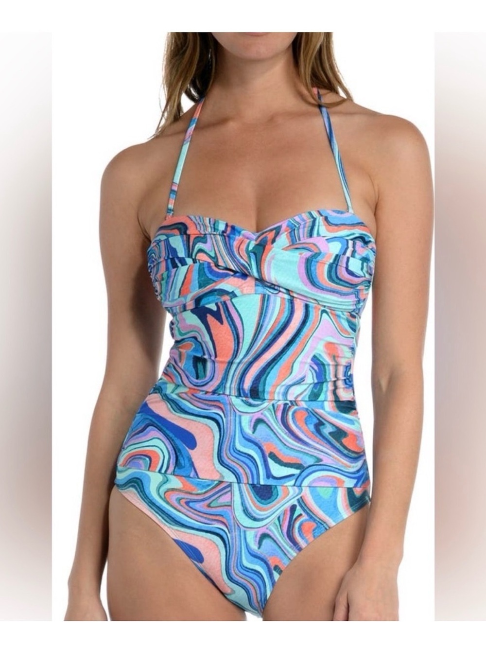 La Blanca bandeau wrap Halter One-Piece Swirl Print Swimwear in Blue and Pink